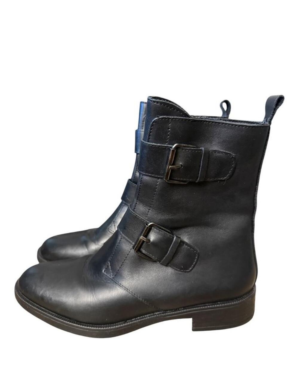 Emanuele Crasto Double Buckle Moto Boot Black Leather Women size 39 US 8.5-9